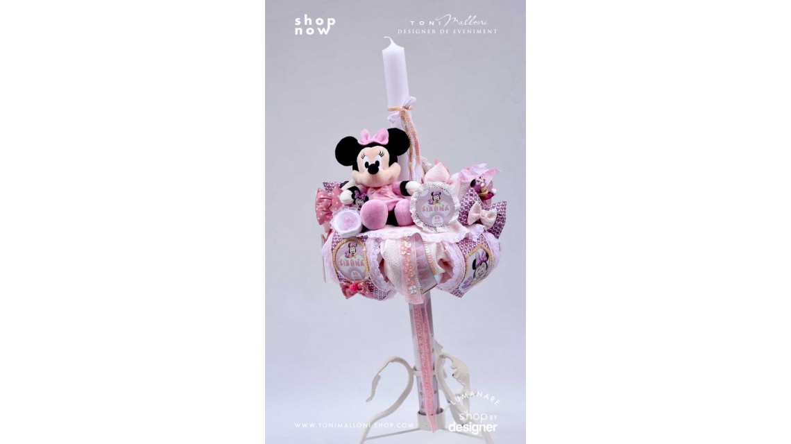 Lumanare cu Minnie Mouse Racer personalizata cu paiete roz si lila 3